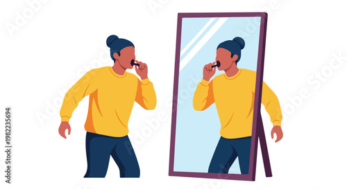 Woman brushing teeth in front of a mirror daily hygiene routine vector character