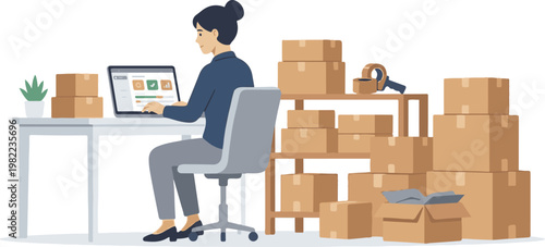 E-commerce owner managing orders and inventory in warehouse office