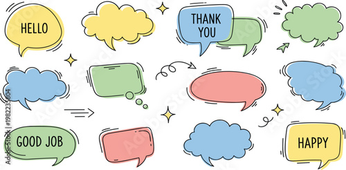 Colorful Speech Bubble Illustration Set with Hand Drawn Chat Boxes Hello Thank You Happy Messages for Social Media Communication Design
