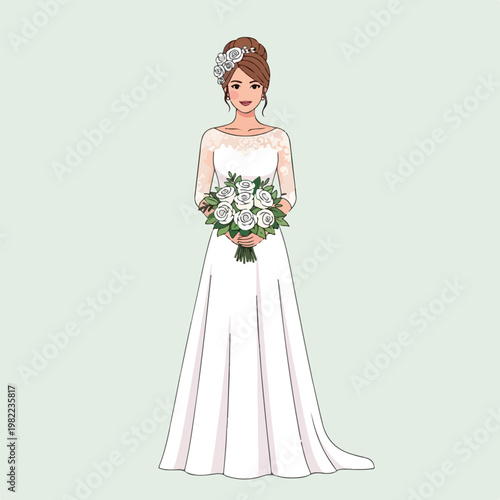 Smiling bride in an elegant white lace gown holding a bouquet of white roses