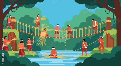 Indigenous people constructing a traditional rope bridge over a river in jungle