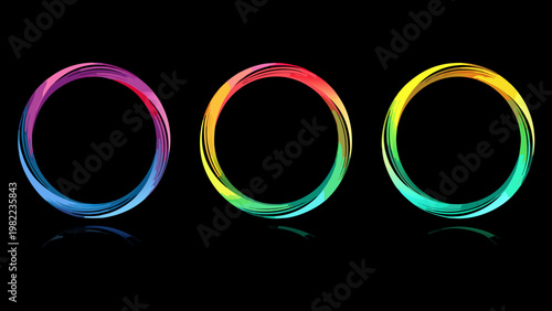 Three vibrant colorful oval rings with reflections on a black background