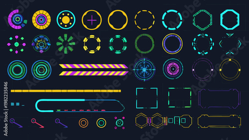 Collection of vibrant futuristic neon geometric shapes and digital frames
