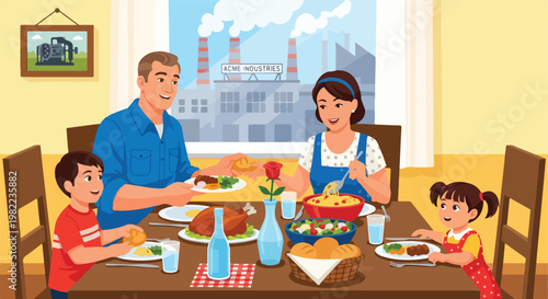 Happy family enjoys dinner together with industrial factory view through window