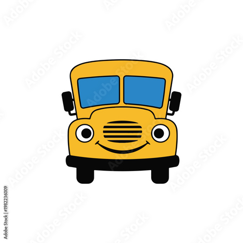 Cute smiling yellow school bus cartoon vector illustration, perfect for kids' design projects.