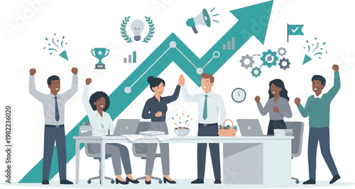 Happy business team celebrating success with rising growth arrow