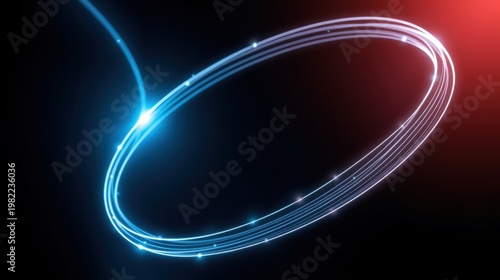 Bright blue light forms oval shape against dark background. Red glow appears top right corner. Energetic, dynamic visual effect.
