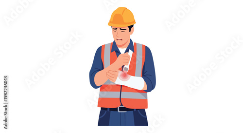 Injured construction worker in helmet and safety vest holding bandaged sore arm