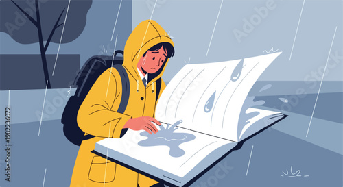 A sad person in a yellow raincoat watches as an open book is ruined by the rain