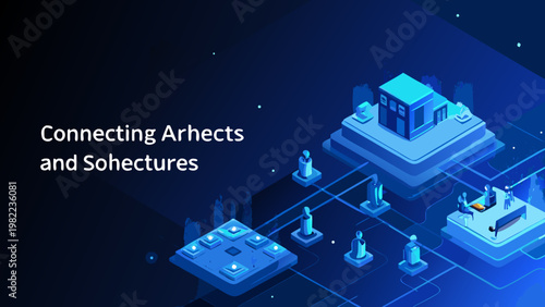 Isometric illustration of a futuristic city and network connections