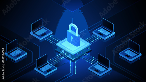 Cybersecurity network illustration with a central lock and connected devices