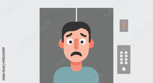 Nervous man with wide eyes waiting before closed elevator doors in a building