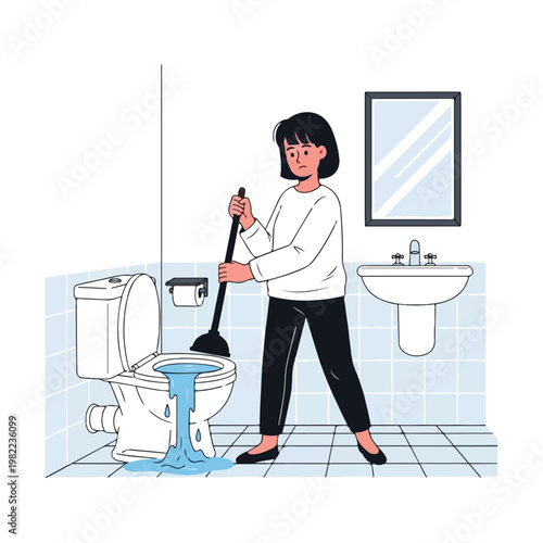 Anxious woman uses a plunger to fix a clogged, overflowing toilet in a bathroom