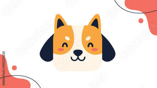 Flat design illustration of a cute dog head with orange and white fur, floppy black ears, and a friendly smiling expression.