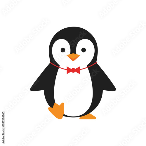 A friendly cartoon penguin character with a red bow tie, perfect for children's designs