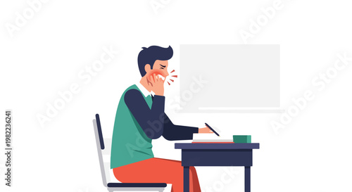 Man sitting at a desk holding his cheek in pain from a sudden sharp toothache