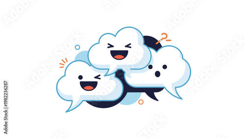 Collection of cute cartoon cloud characters with various happy expressions including laughing and winking in a cluster design.
