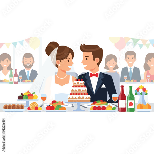 Bride and groom celebrating at a festive wedding banquet with friends and family