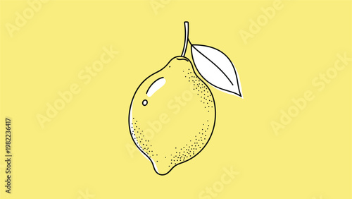 Hand-drawn lemon illustration with a single leaf on a solid yellow background, showcasing a fresh and vibrant citrus fruit theme.