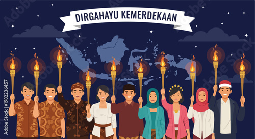 Group of diverse Indonesian people holding torches to celebrate independence day