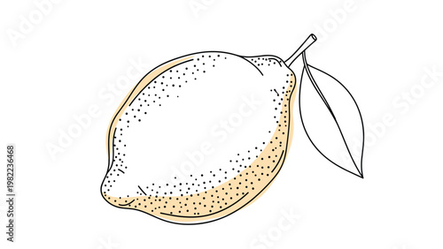 Detailed line art of a single lemon with a leaf, featuring subtle yellow shading and stippling for a vintage botanical illustration style.