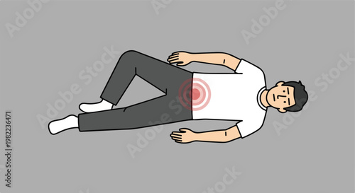 A flat vector illustration of a man lying on his back with lower abdominal pain