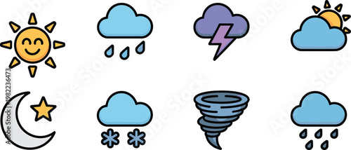 Set of weather icons including sun rain cloud storm snow tornado and moon for meteorological forecast application interface and climate monitoring vector illustration.