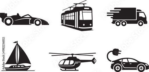 Black and white of transportation modes airplane train bus car bicycle and ship