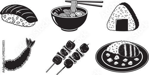 Black and white of various kitchen utensils and food whisk rolling pin garlic d