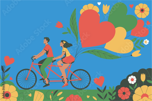 Couple riding tandem bicycle with heart balloons surrounded by flowers on blue background vector illustration
