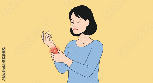 Illustration of a woman feeling sharp pain in her wrist joint from overexertion