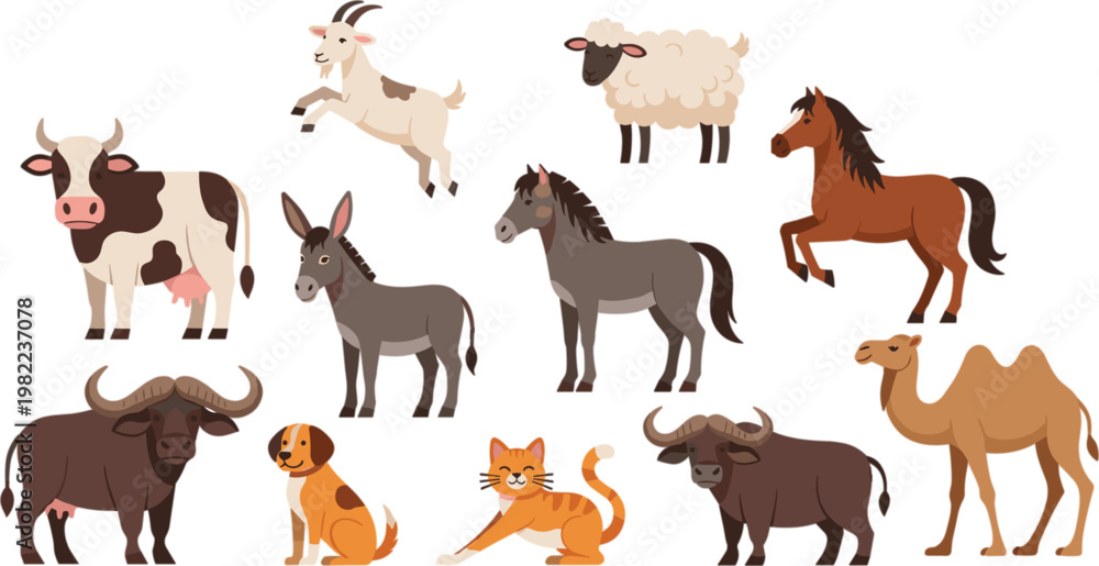 Fototapeta premium Farm Animal Collection with Cow Goat Sheep Horse Donkey Camel Dog Buffalo and Cat Cartoon Illustration Set