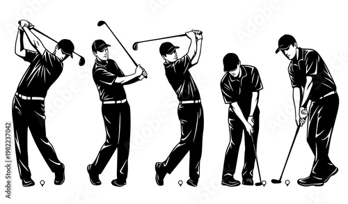 Golf Player Silhouettes Set Professional Golfer Swing and Putting Vector Collection