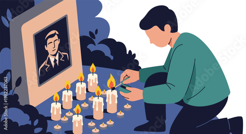 Illustration of a man lighting candles at the cemetery memorial for a loved one