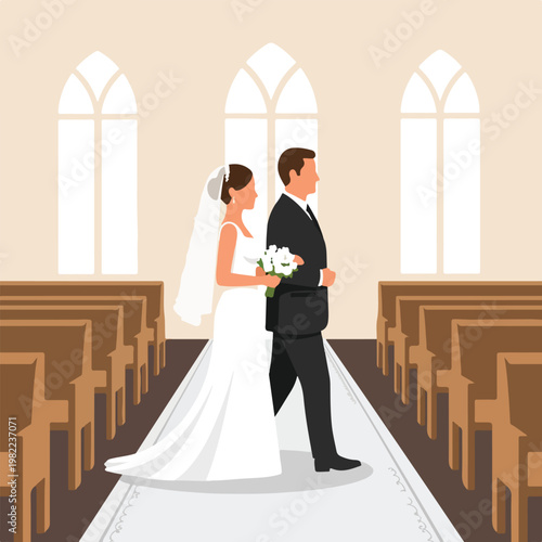 Vector illustration of a bride and groom walking down the church aisle together