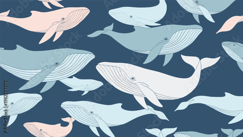 Seamless pattern featuring stylized humpback whales in blue and pink tones swimming across a dark oceanic background for wallpaper.