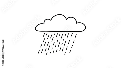 Minimalist line drawing of a fluffy cloud with rain falling in slanted lines isolated on a clean white background for weather icons.