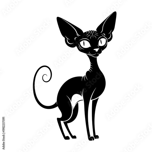 Oriental sphynx cat standing elegant silhouette icon black and white