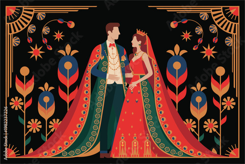 Elegant royal couple in ornate attire, king and queen, celebratory mood, art deco style illustration