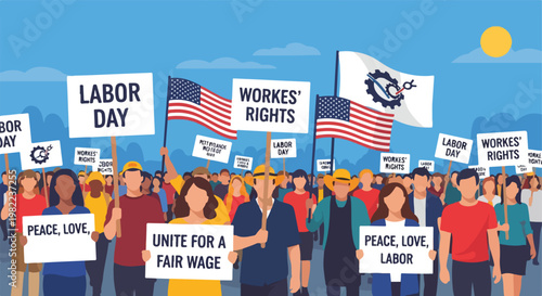 Diverse crowd holding Labor Day signs and American flags under a bright blue sun