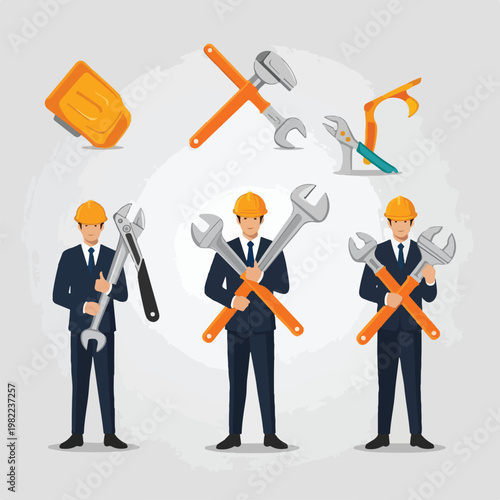 Three businessmen wearing hard hats holding large wrenches and various fix tools