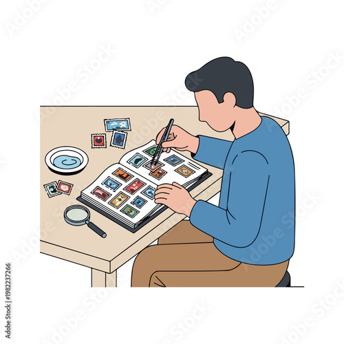 A man organizing postage stamp collection in album with tweezers and magnifier