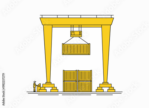 Gantry crane lifting cargo container in industrial shipping port with operator controlling machine vector.