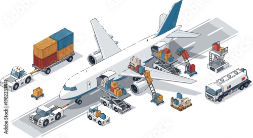 Isometric Illustration of Air Cargo Plane Loading with Freight and Baggage for Global Logistics and Supply Chain Operations