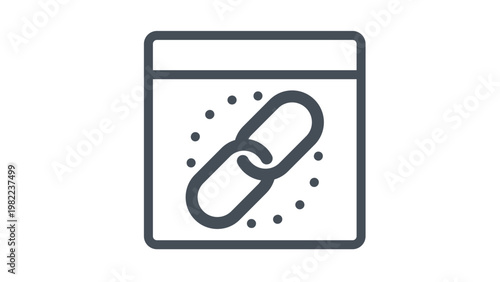 Minimalist Black Vector Icon of a Web Browser Window with a Chain Link Symbol and Dotted Circle, Representing Hyperlinks, Backlinking, SEO, and Website Connectivity Illustration.