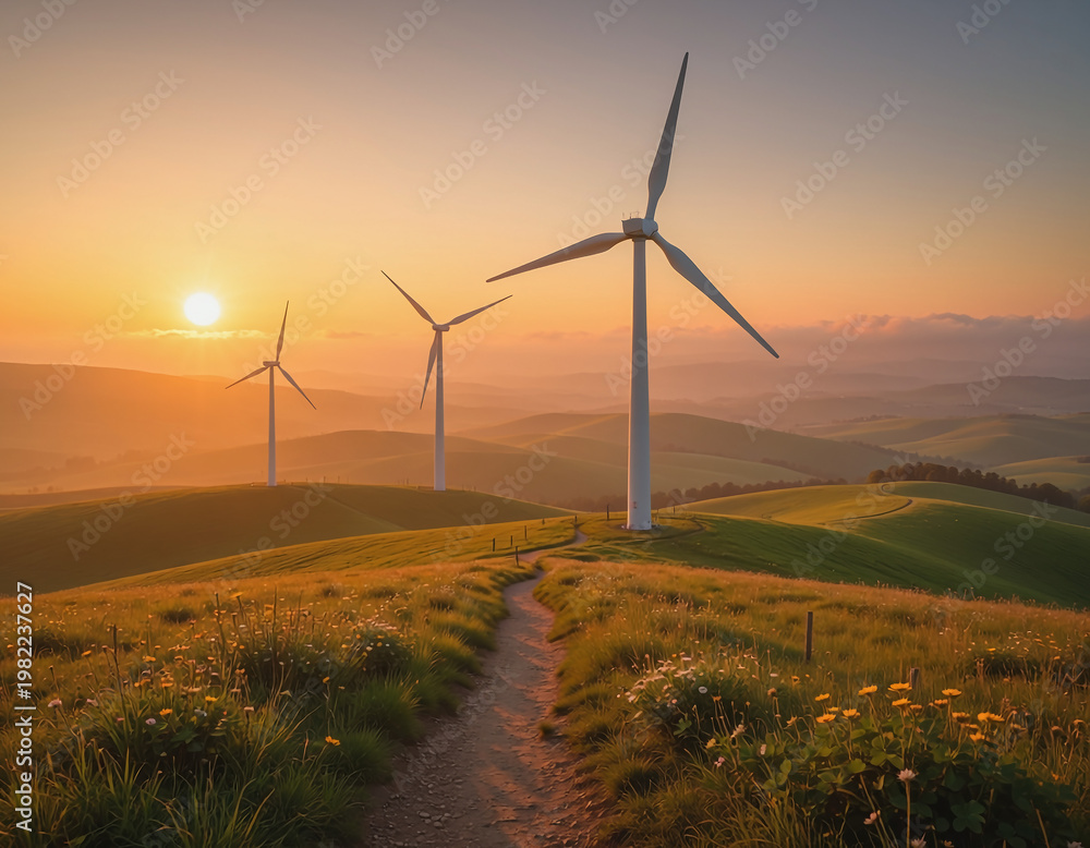 Obraz premium Wind Turbines on Green Hill at Sunset