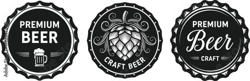 Vintage Premium Beer Badges with Craft Beer and Hop Illustrations, Black and White Design for Beer, Pub, and Alcohol Branding