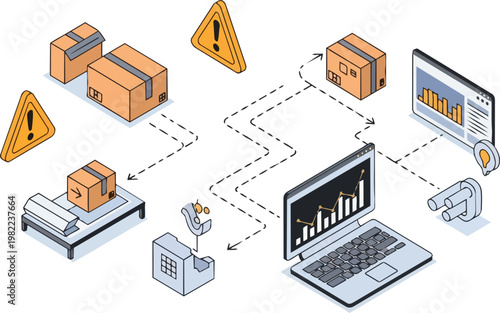 Isometric Supply Chain Management Illustration with Digital Data Dashboard, Warehouse Logistics Flow, and Risk Management Icons