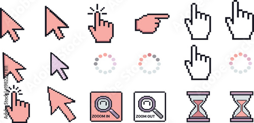 Pixel Art Cursor Icon Set with Hand Pointers Click Symbols Loading Spinners Zoom In Out and Hourglass UI Elements for Retro Interface Design