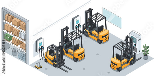 Modern Isometric Logistics Warehouse with Electric Forklifts Charging at EV Stations and Industrial Storage Racks